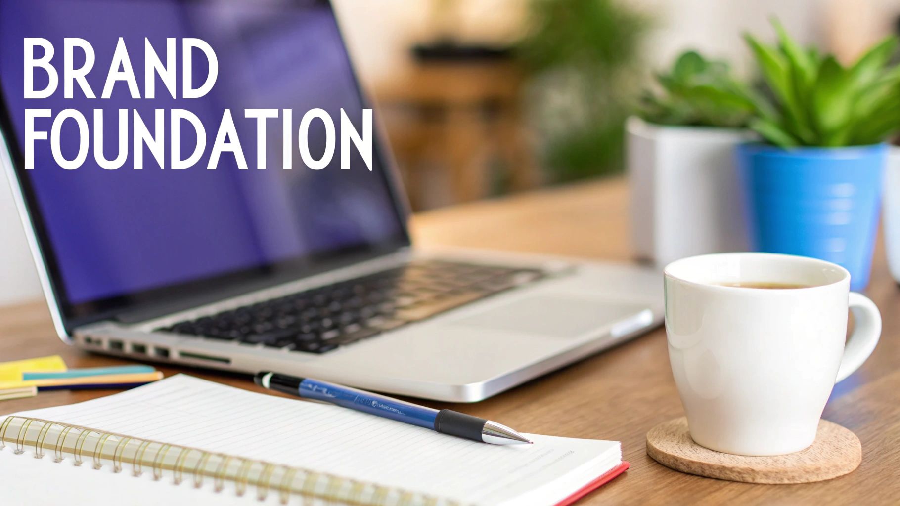A laptop screen displays 'BRAND FOUNDATION' alongside a notebook, pen, coffee, and plants on a desk.