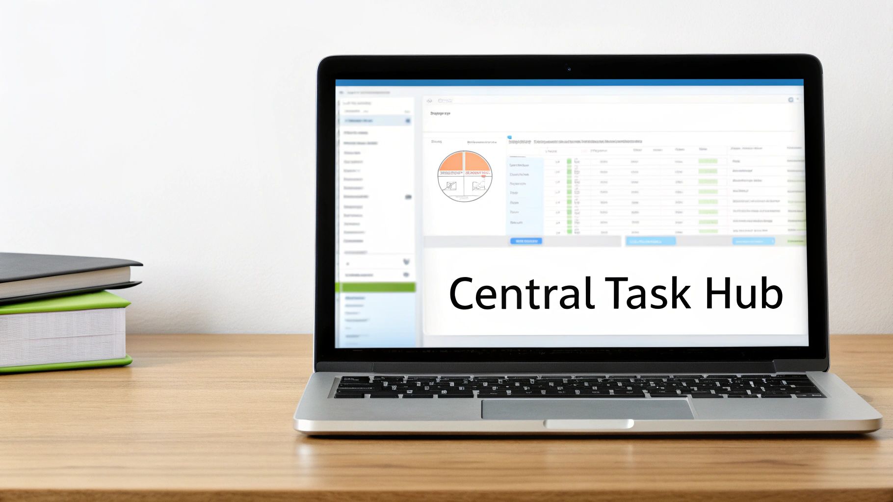 A laptop on a wooden desk displays a 'Central Task Hub' application with books beside it.