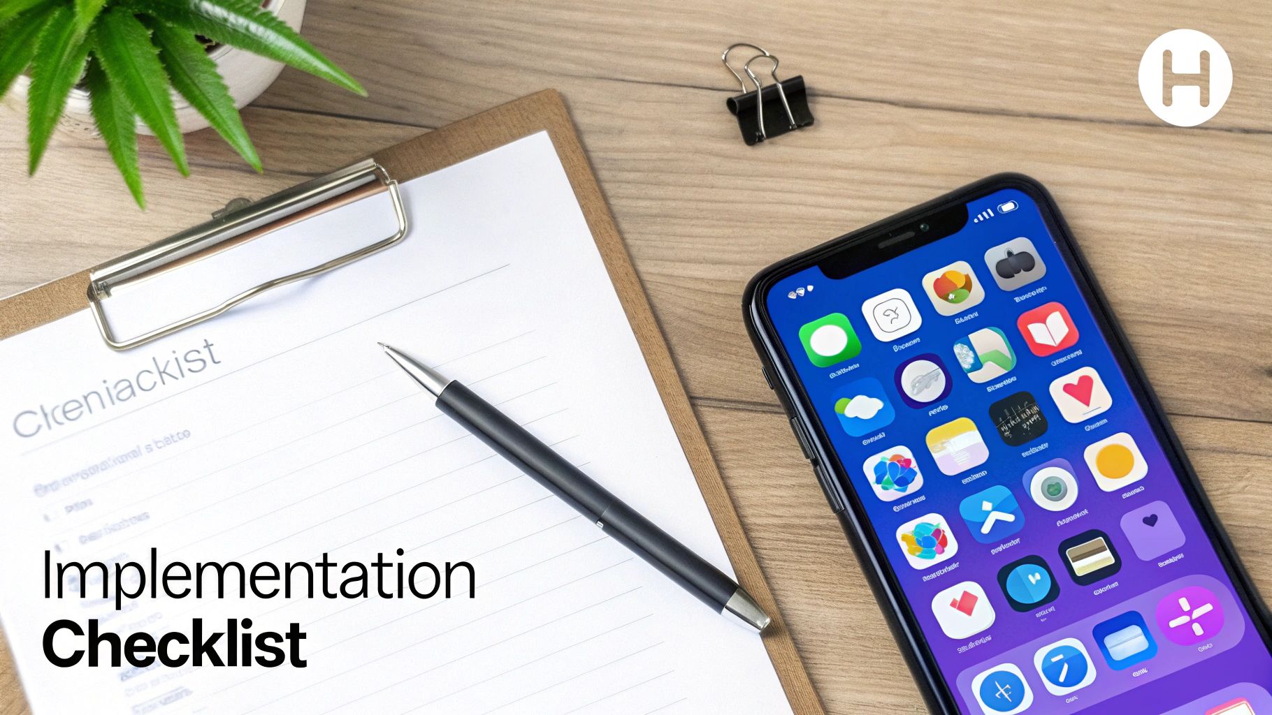 A flat lay of a desk with a clipboard showing an 'Implementation Checklist,' a pen, and a smartphone.