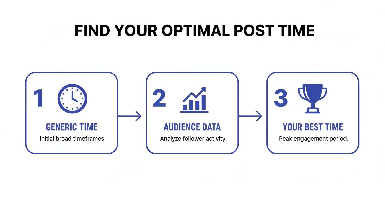 A three-step process diagram to find optimal post time using generic data, audience analytics, and identifying peak engagement.