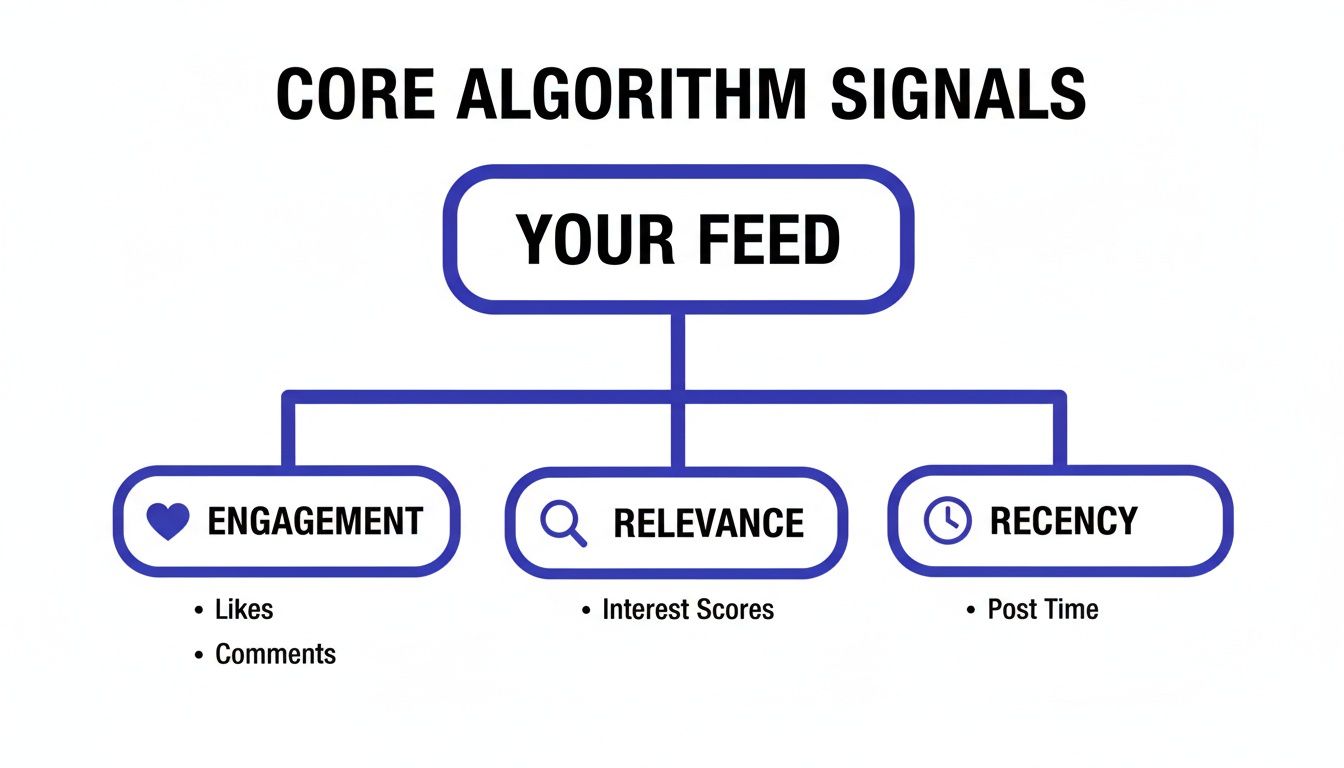 A diagram illustrates social media algorithm signals for your feed: engagement, relevance, and recency factors.
