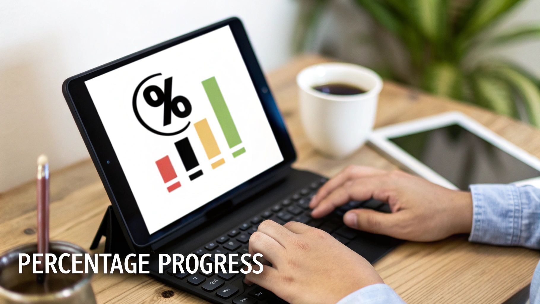 Hands typing on a tablet displaying a percentage symbol and colorful progress bars with a coffee cup.