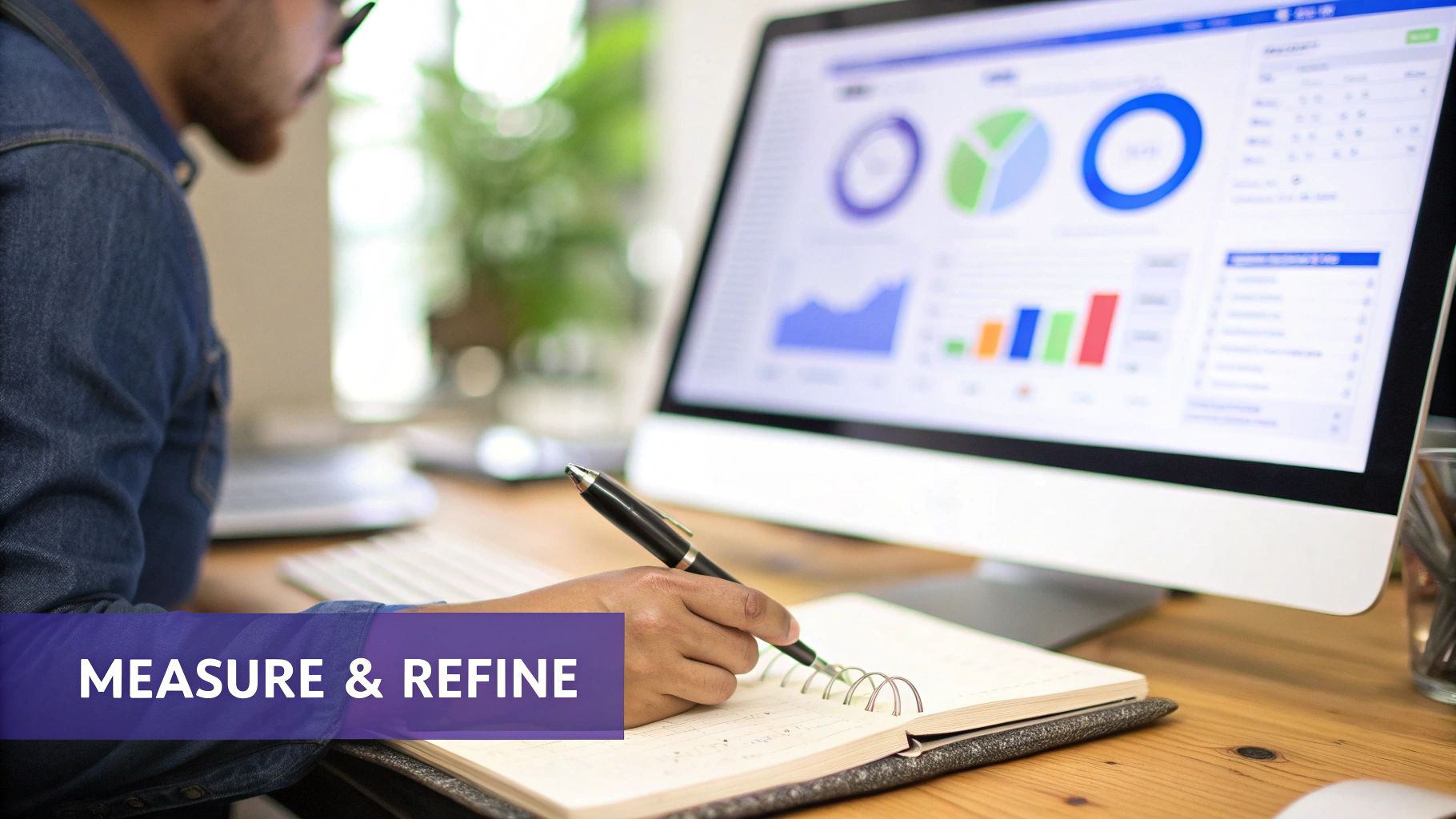 A person in a denim shirt writing in a notebook, analyzing data and charts on a computer monitor.