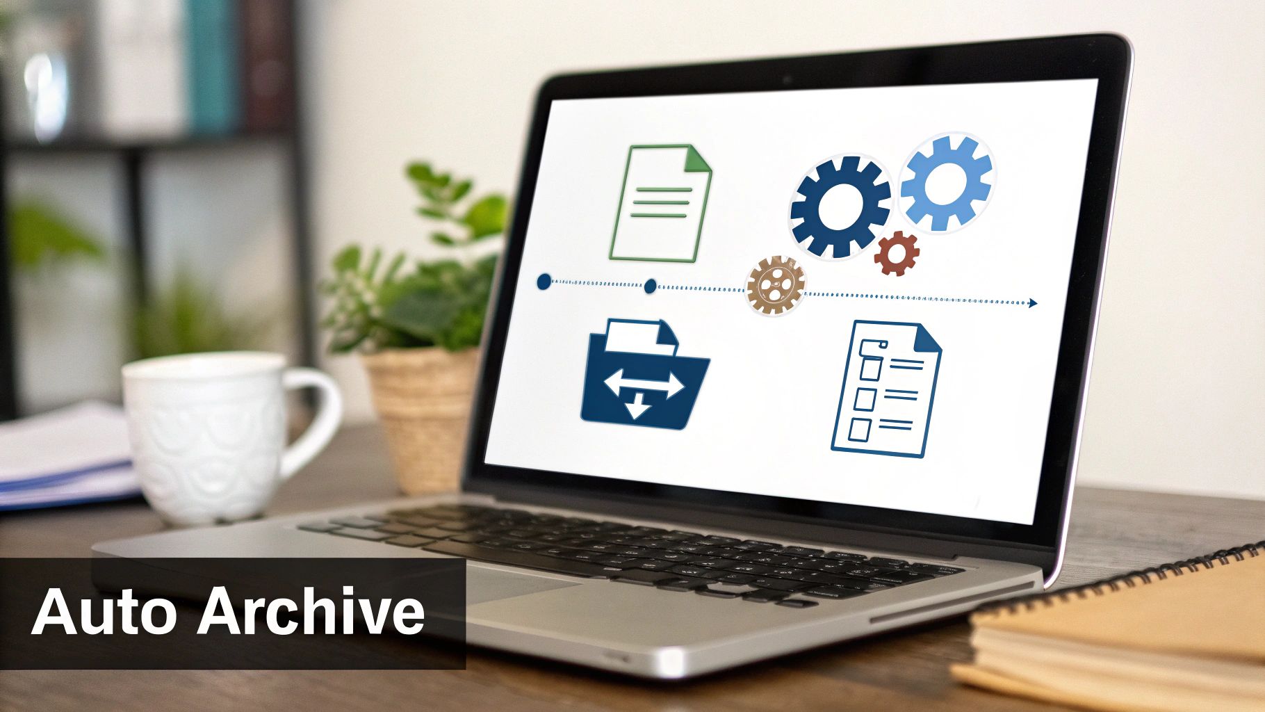A laptop screen shows a digital workflow with icons for auto archiving and data management.