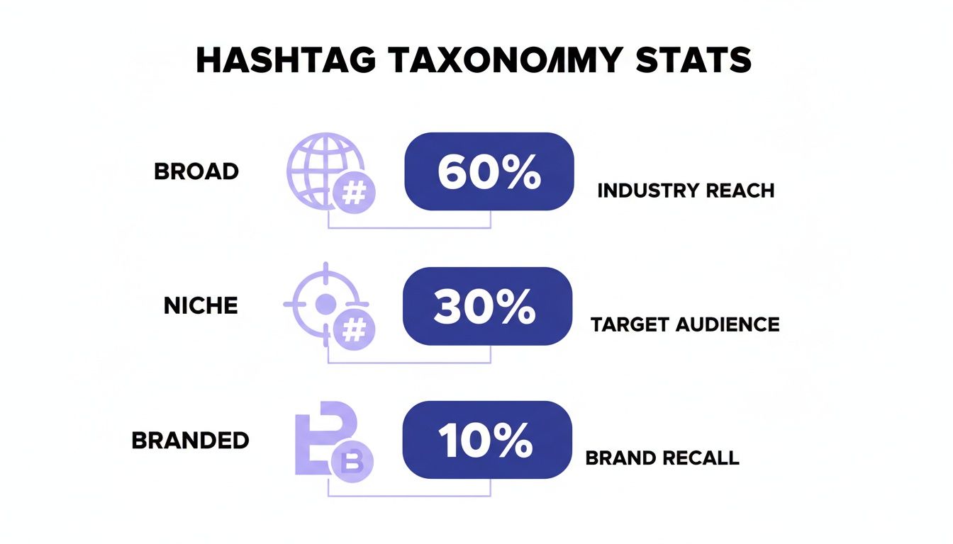 Hashtag taxonomy stats illustrate broad, niche, and branded hashtag usage and their benefits.