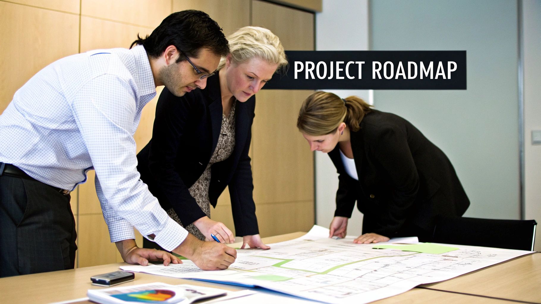 Three professionals collaboratively review a large project roadmap document on a table in an office.