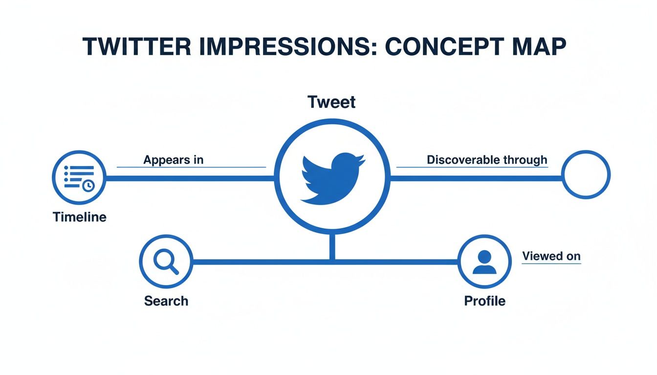 A concept map illustrating how Twitter impressions are generated, showing a tweet appearing in timelines, search, and profiles.