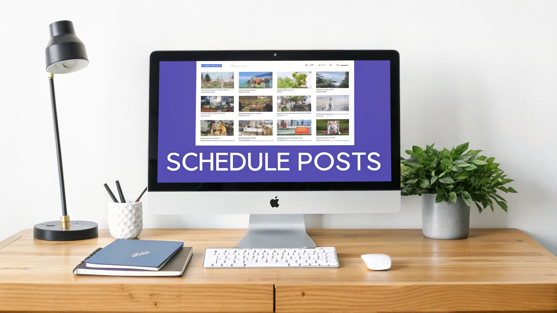 A modern workspace with an iMac displaying a grid of images and 'SCHEDULE POSTS' on its screen.