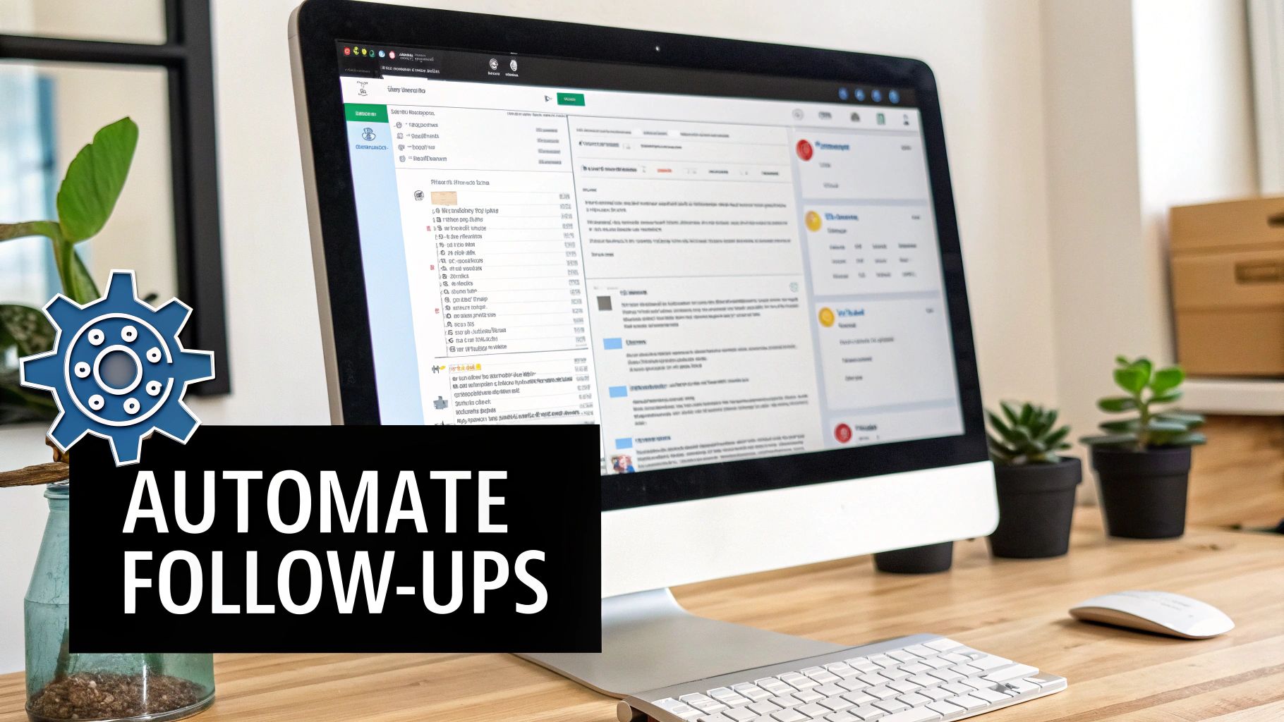 A desk setup with a computer showing email software, a gear icon, and 'AUTOMATE FOLLOW-UPS' text.