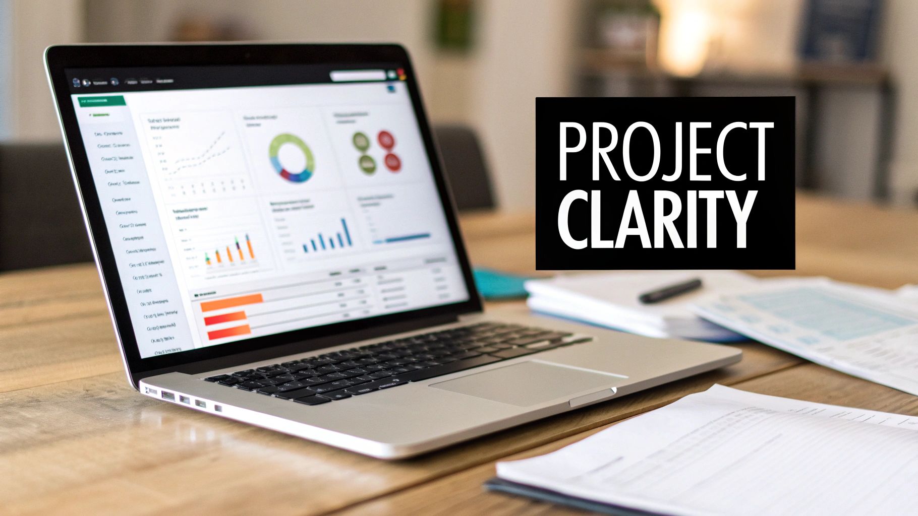 A laptop displaying data analysis charts and graphs on a desk with documents, next to 'PROJECT CLARITY' text.
