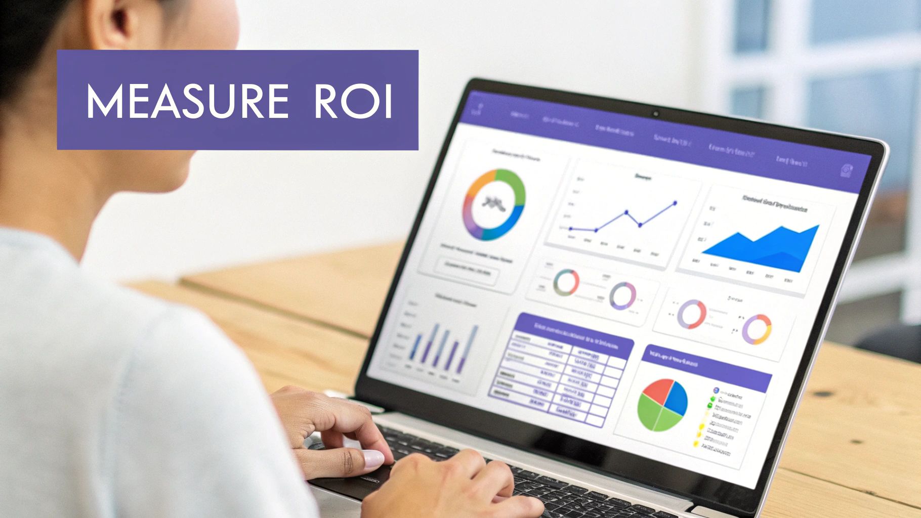 Person using a laptop displaying business analytics, charts, and graphs to measure ROI.