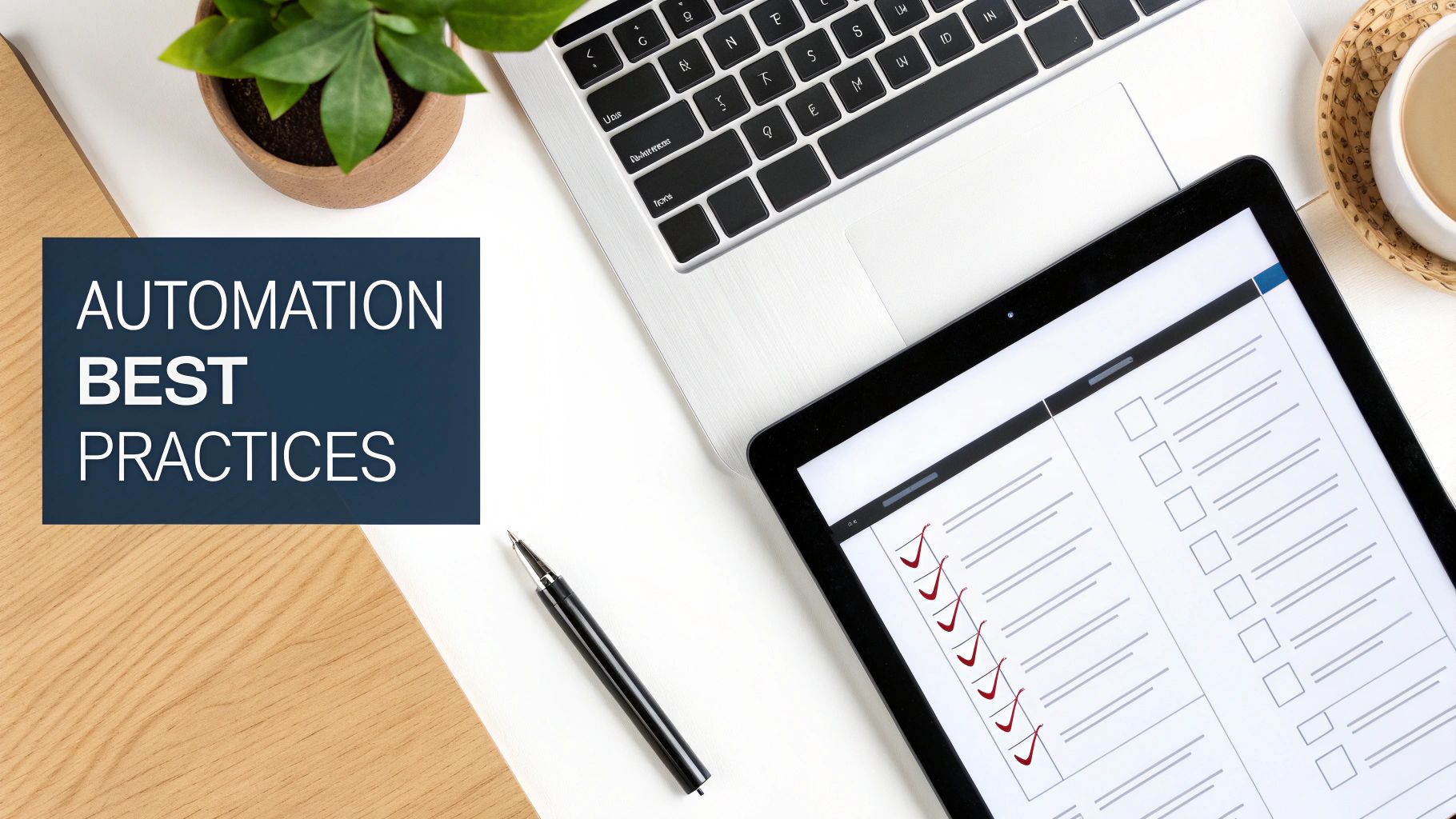 A top-down view of a desk with a tablet showing a checklist, a laptop, and text 'AUTOMATION BEST PRACTICES'.