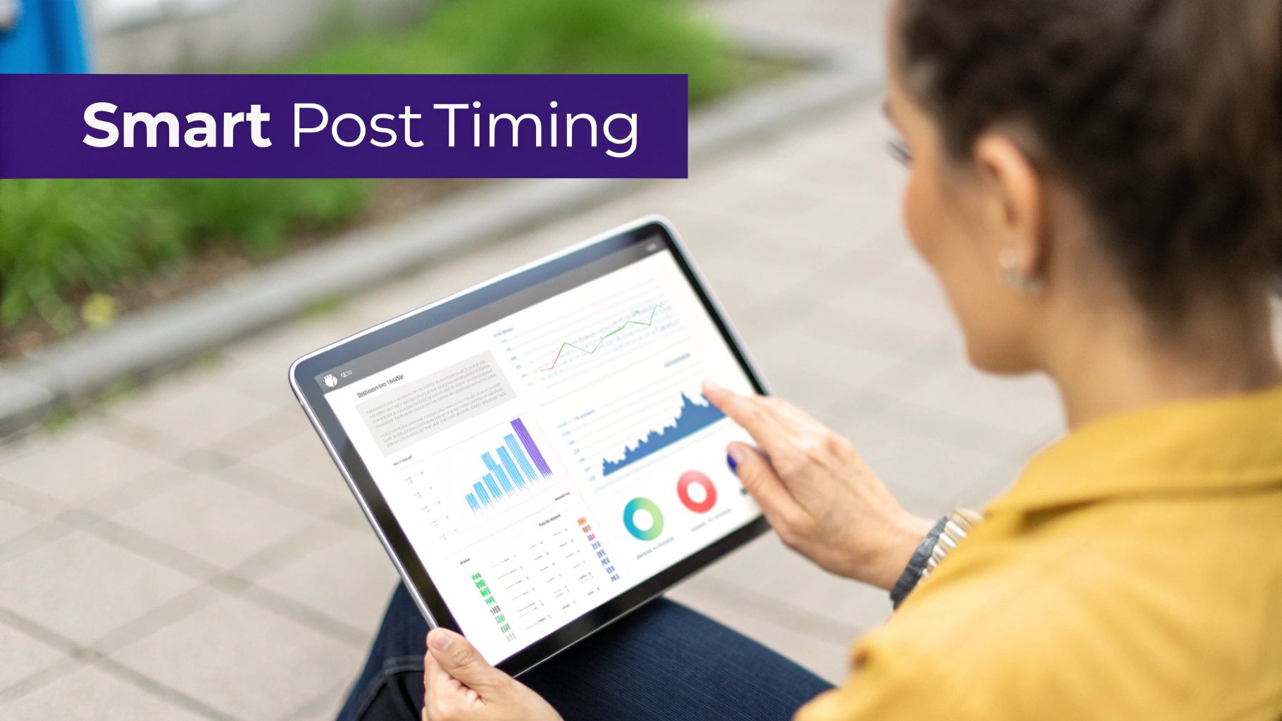 A person views a tablet displaying charts and data, with a 'Smart Post Timing' text overlay.