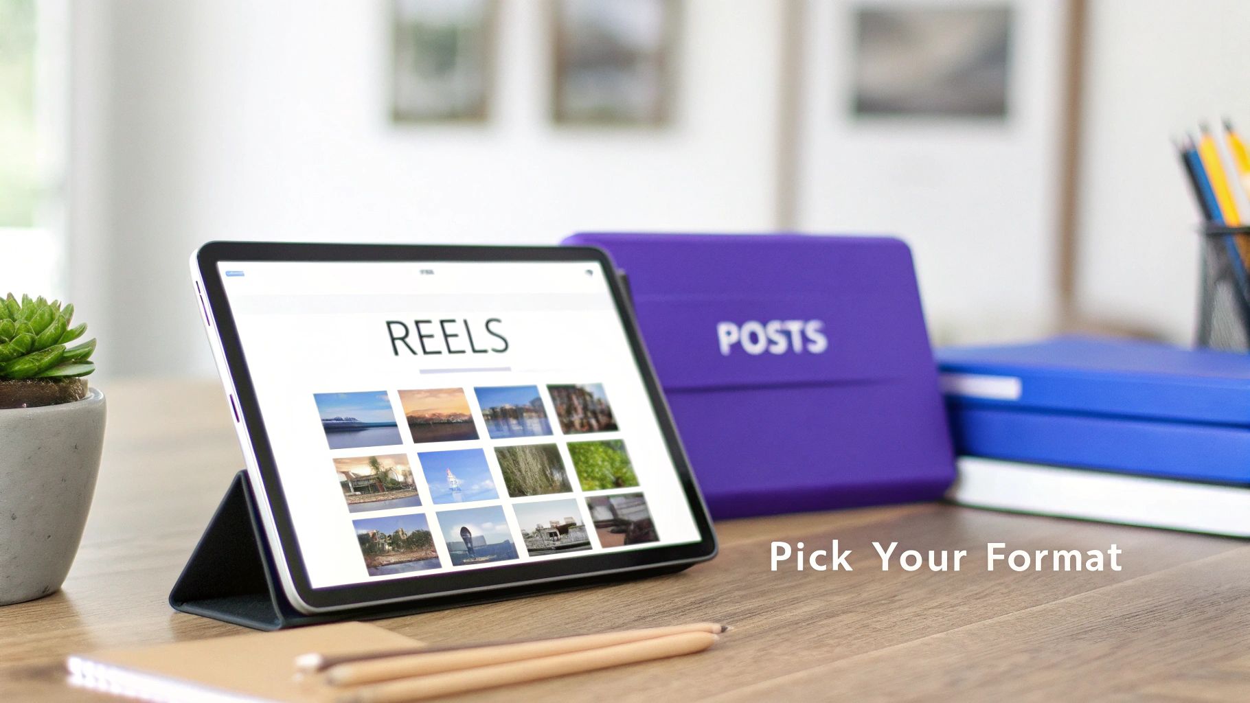 Tablet displaying 'Reels' with thumbnails and a purple box 'Posts', offering content format choices.
