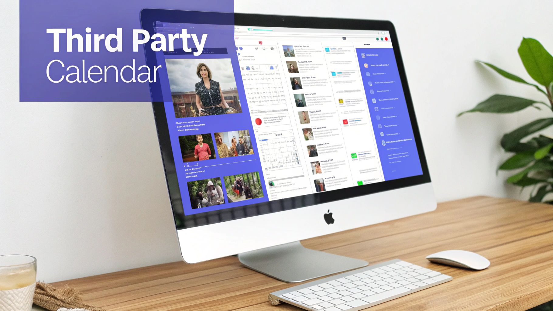 An Apple iMac on a wooden desk displays a third-party calendar application interface with photos.