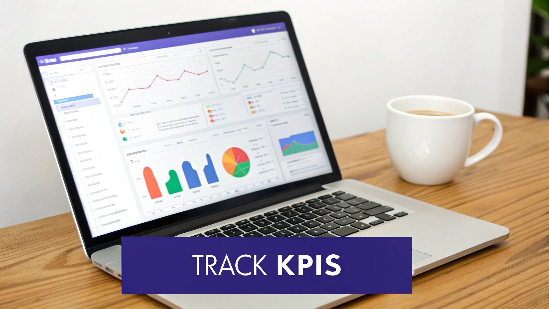 Laptop showing business analytics dashboard with charts, graphs, and a coffee mug on a wooden table. Text: TRACK KPIS.