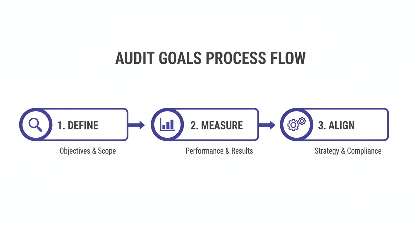 An infographic detailing the audit goals process flow, including define, measure, and align stages.