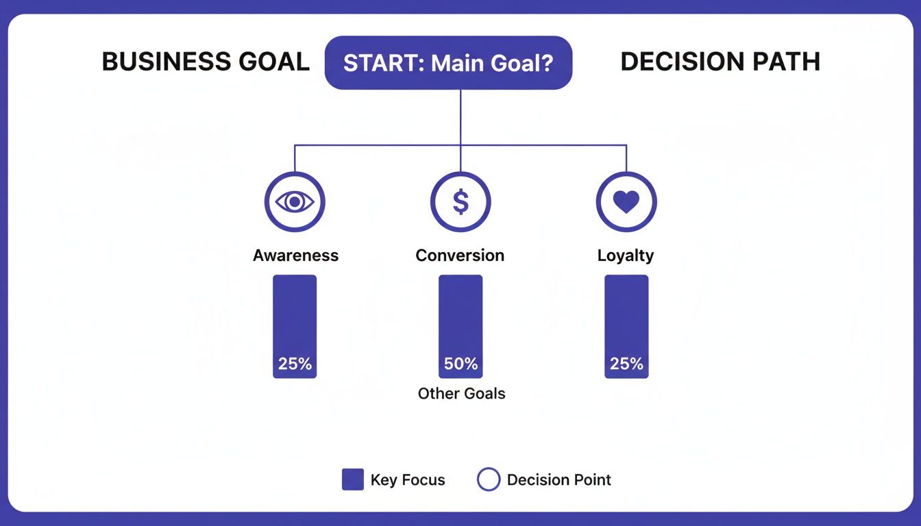 Flowchart showing business goals: Awareness (25%), Conversion (50%), Loyalty (25%) from a main goal.