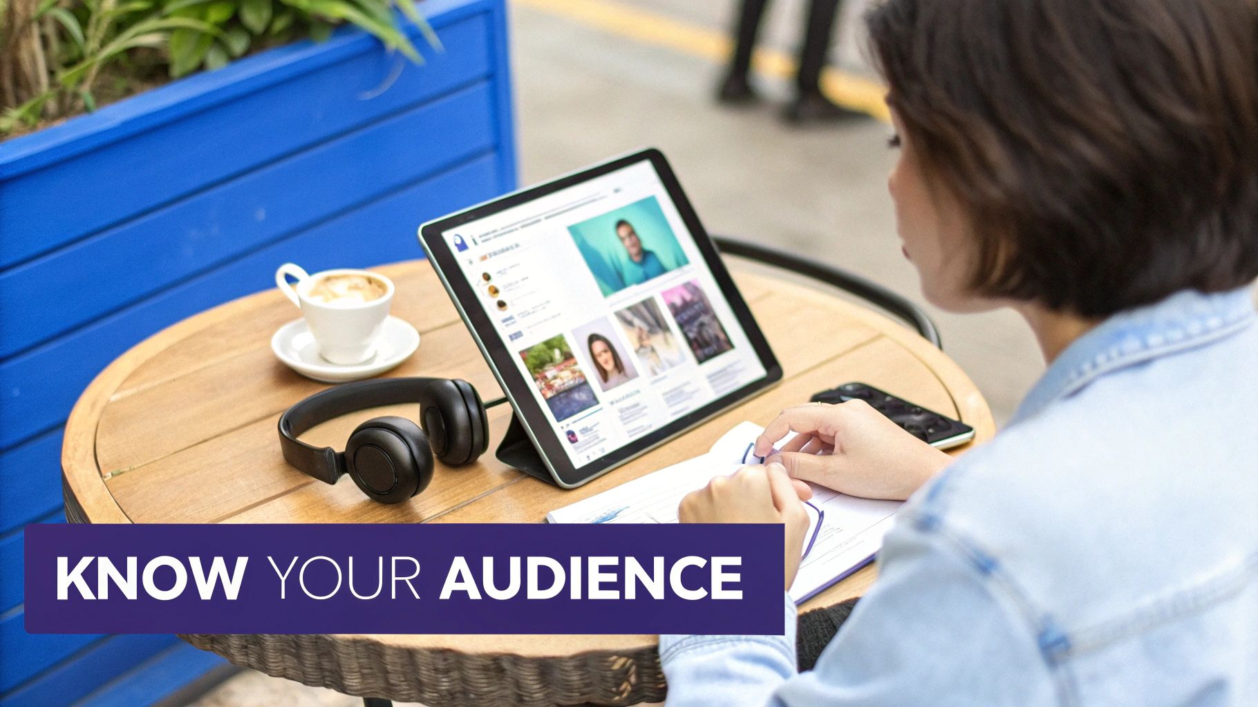 Woman analyzes social media profiles on a tablet, writing notes at an outdoor cafe with coffee.