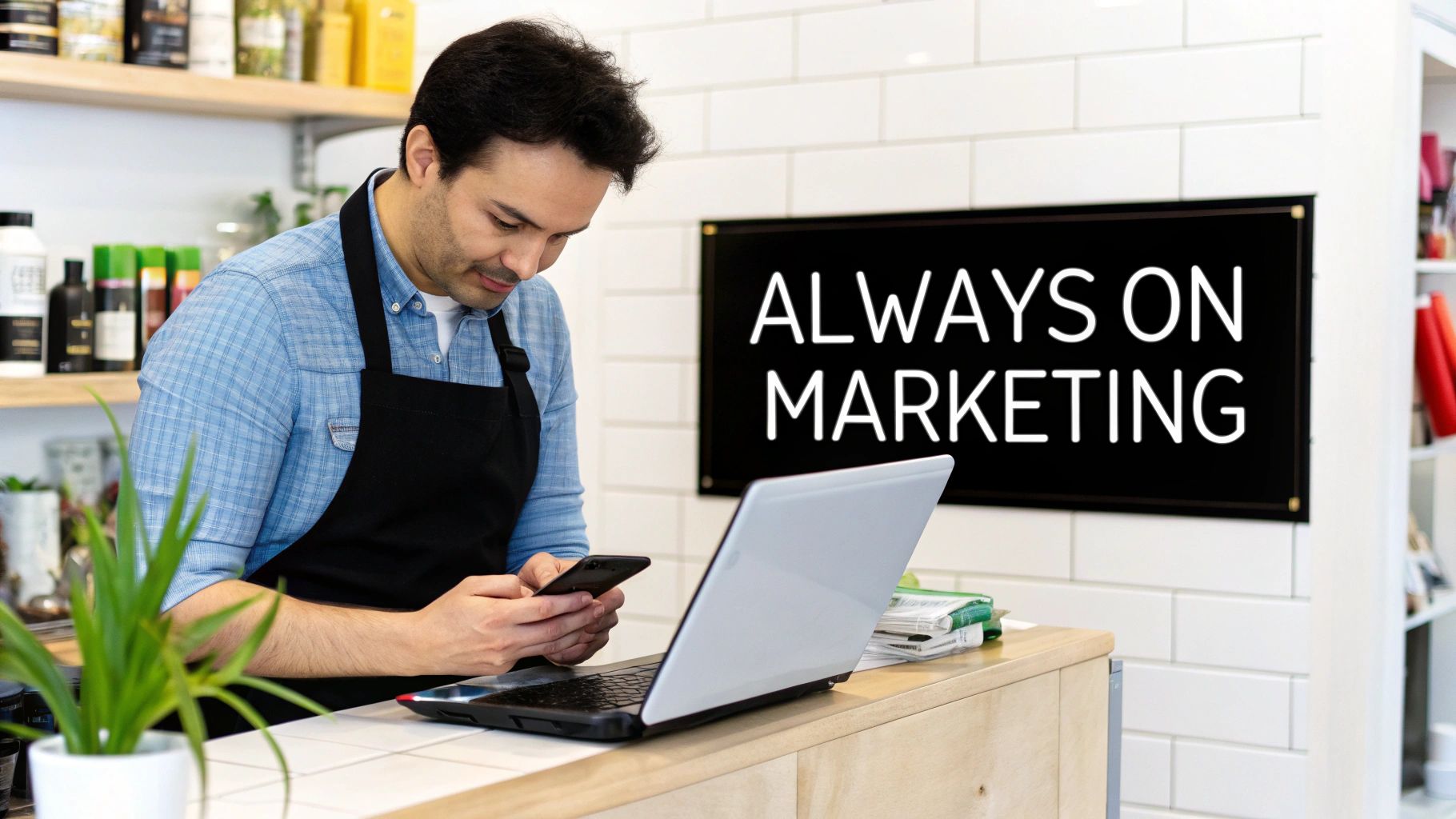 A man in an apron uses his phone and laptop in a shop with an "Always On Marketing" sign.