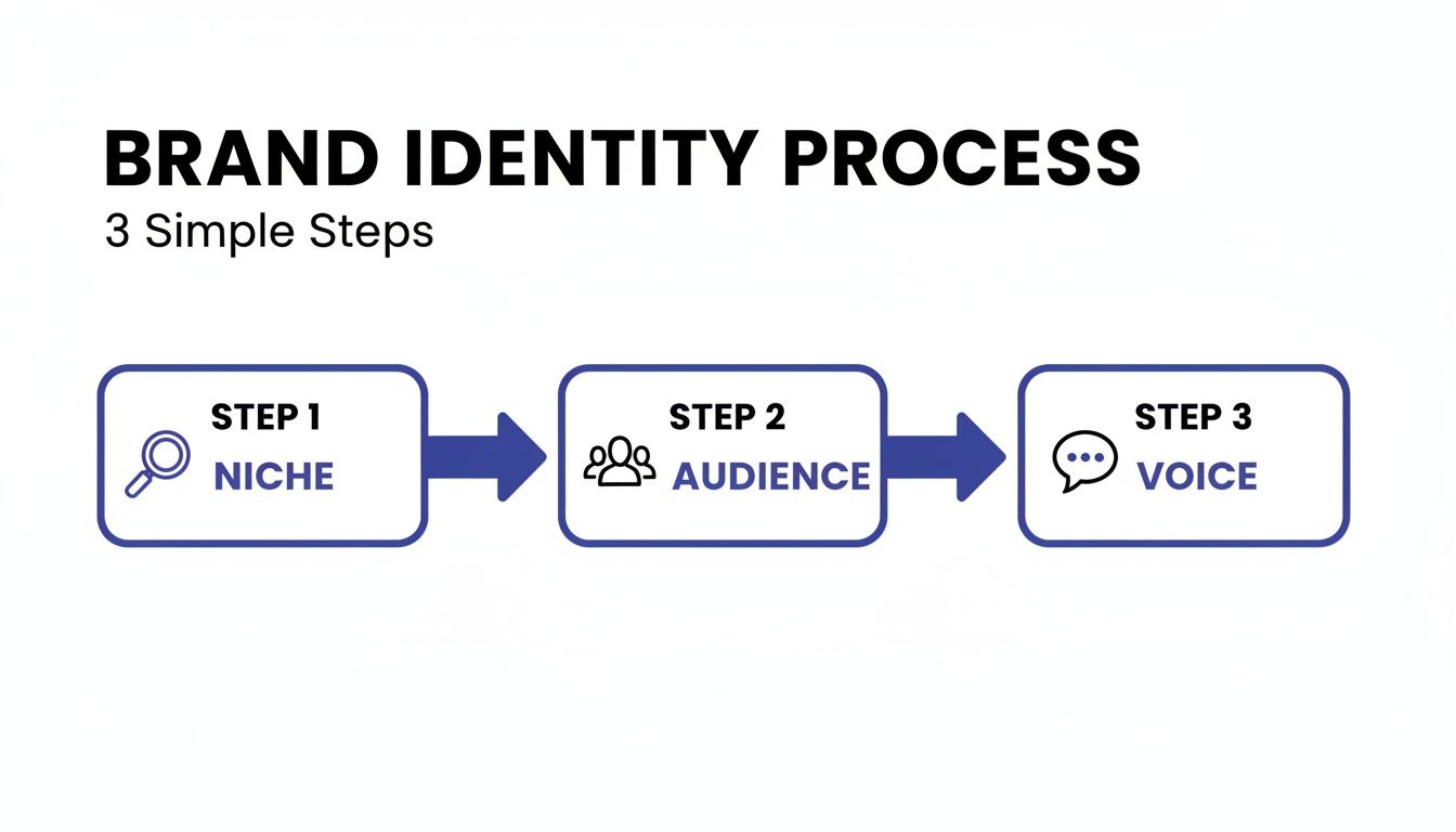 A visual guide illustrating the 3-step brand identity process: Niche, Audience, and Voice.
