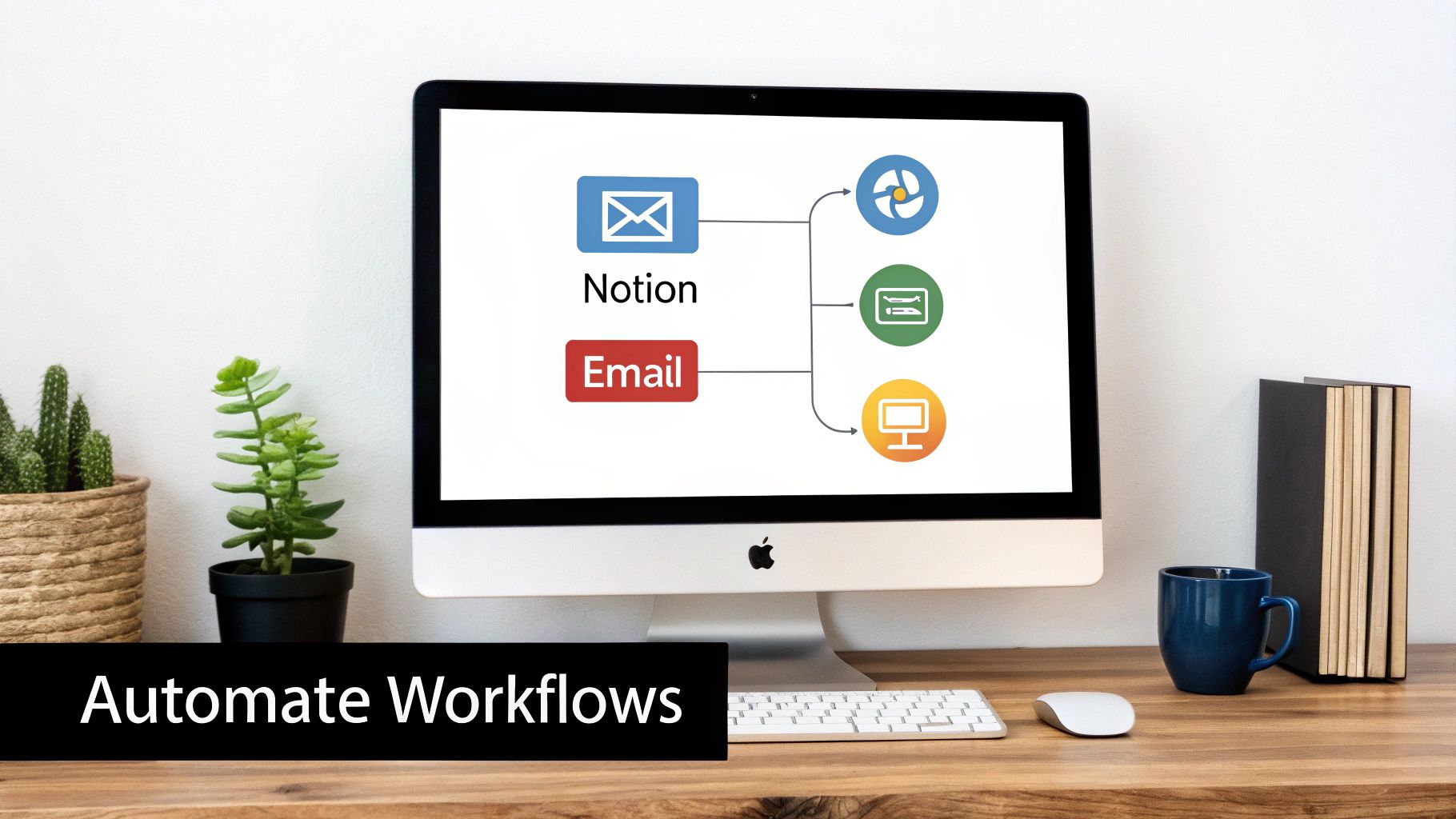 A clean desk setup with an iMac displaying a diagram of Notion and Email workflow automation.