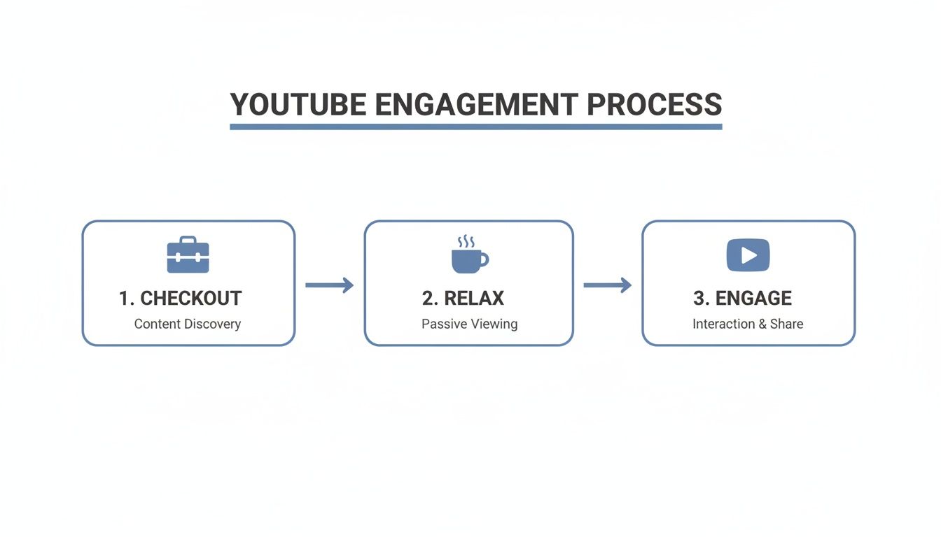 Flowchart illustrating the YouTube engagement process with steps: Checkout, Relax, and Engage.