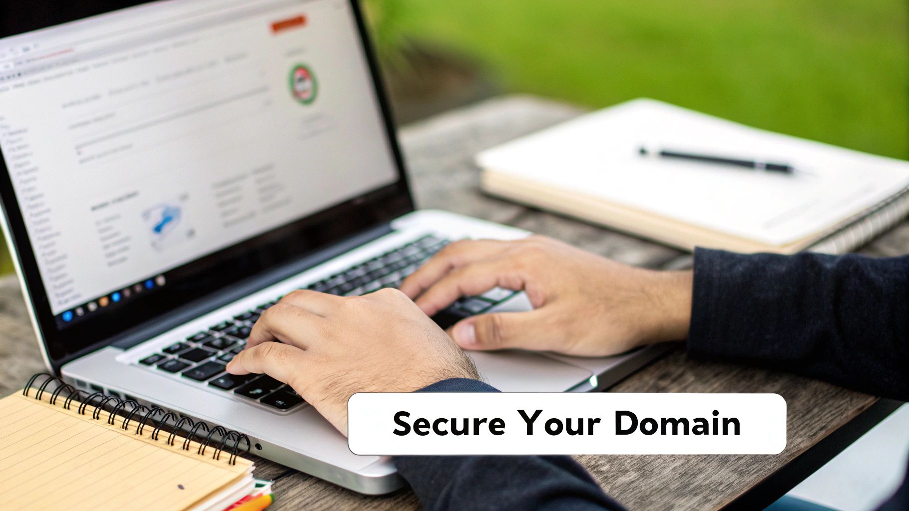 Person typing on laptop keyboard with notebook and papers, securing domain name for custom email