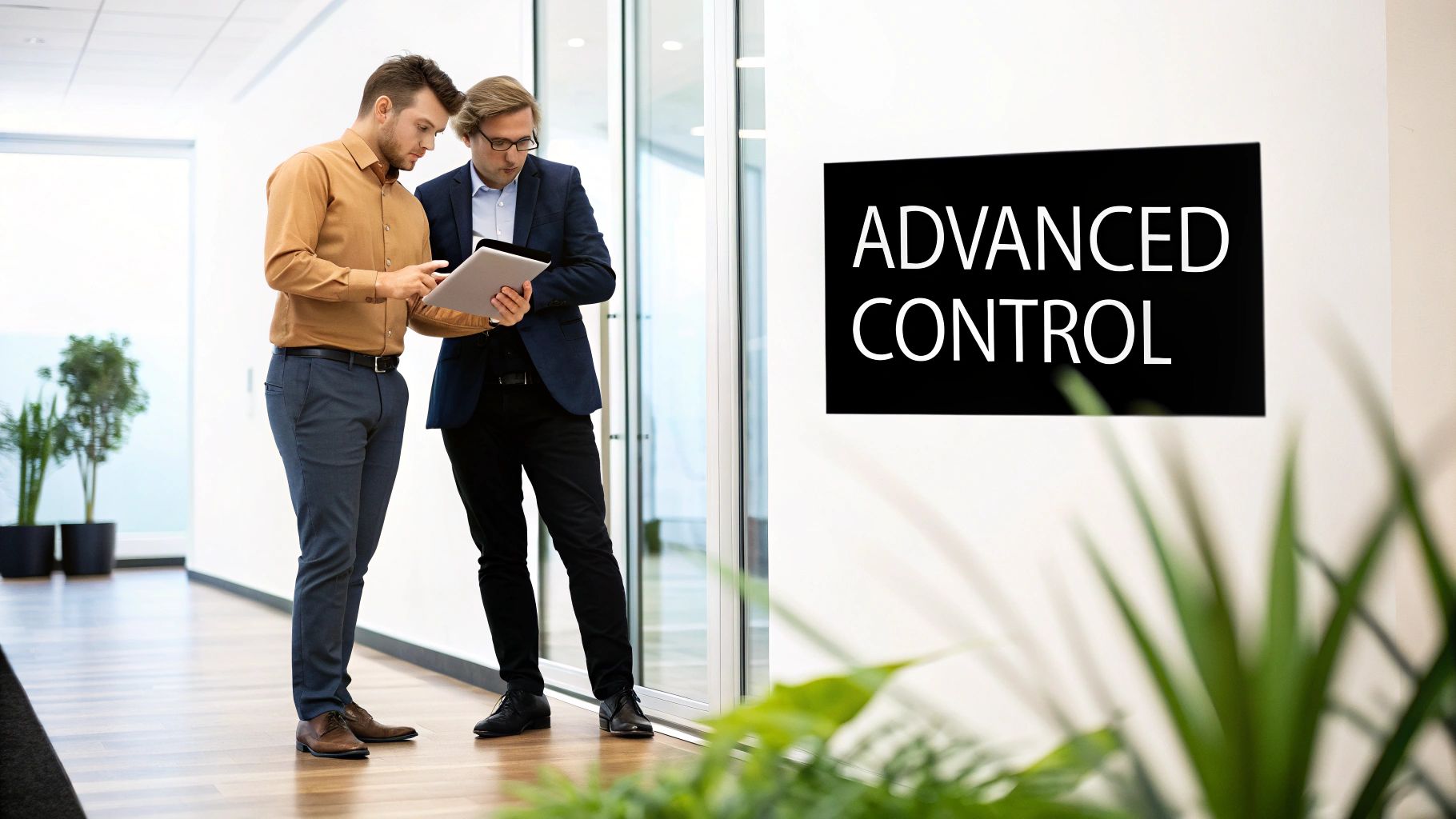 Two businessmen in an office hallway discuss content on a tablet, with an 'Advanced Control' sign visible.