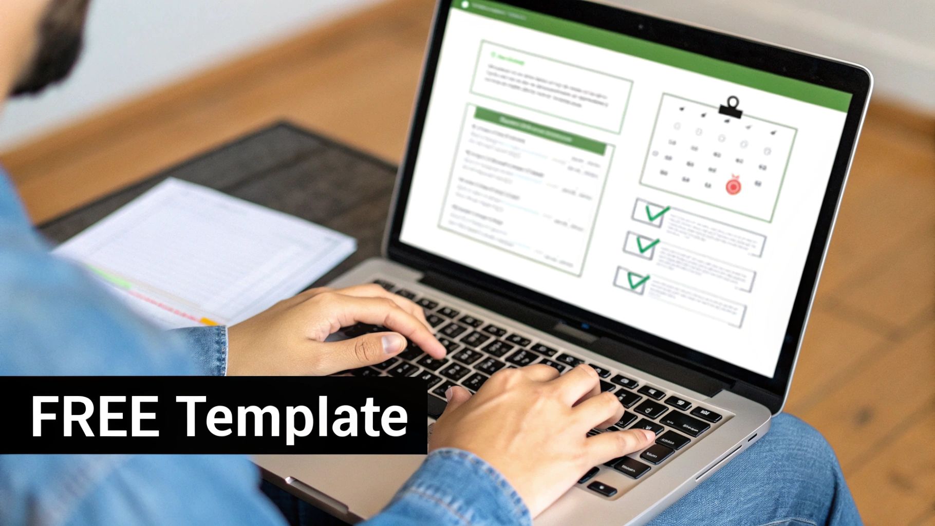 A person typing on a laptop displaying a free green project kickoff meeting agenda template with calendar and tasks.