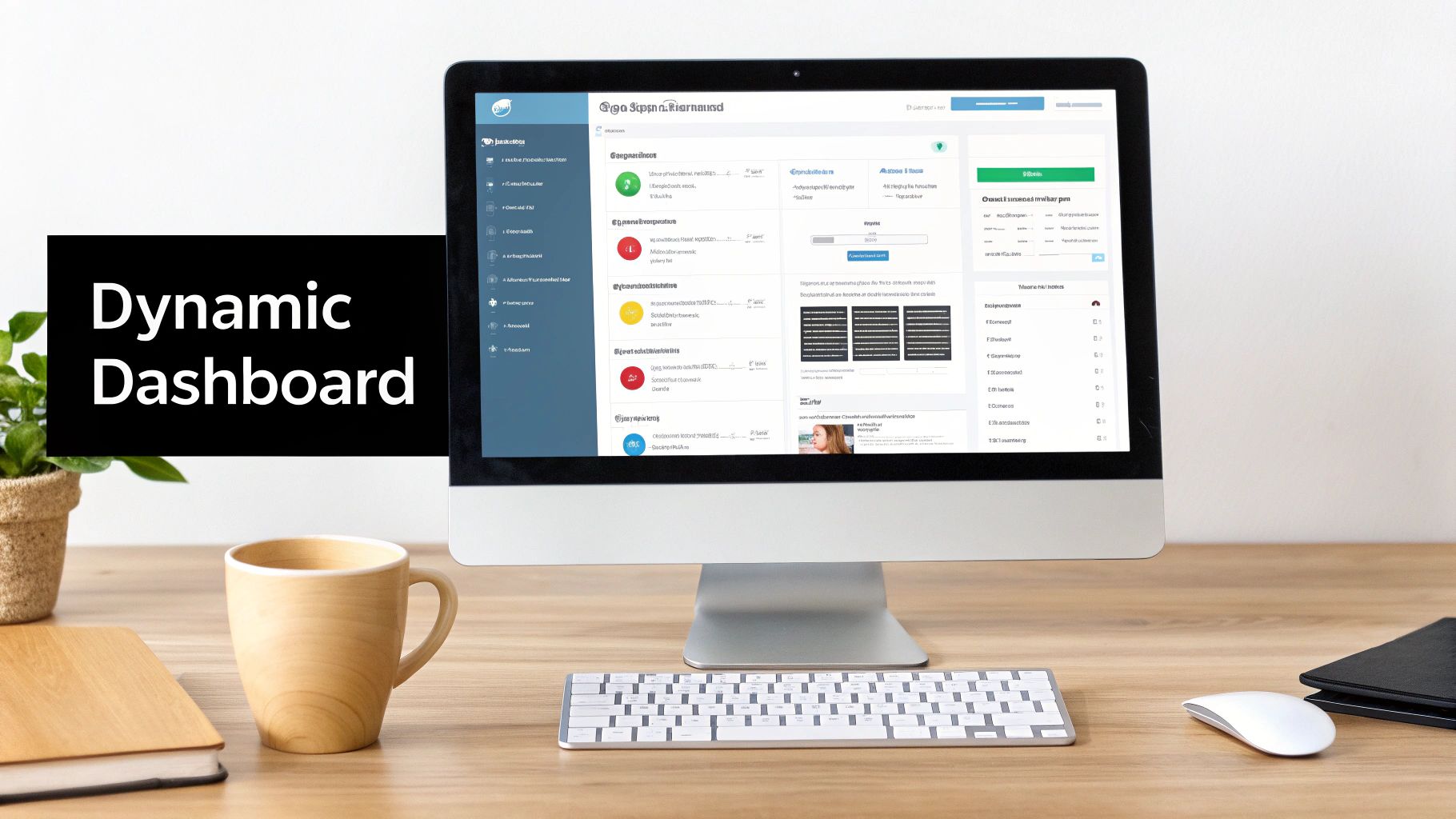 A computer monitor displaying a dynamic dashboard with various data sections on a wooden desk.
