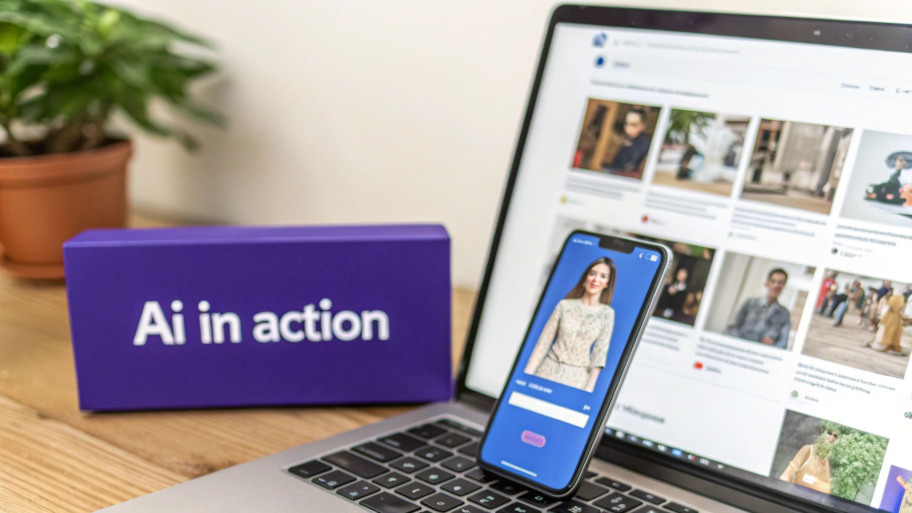 Smartphone displaying AI social media app on laptop keyboard with purple AI in action sign