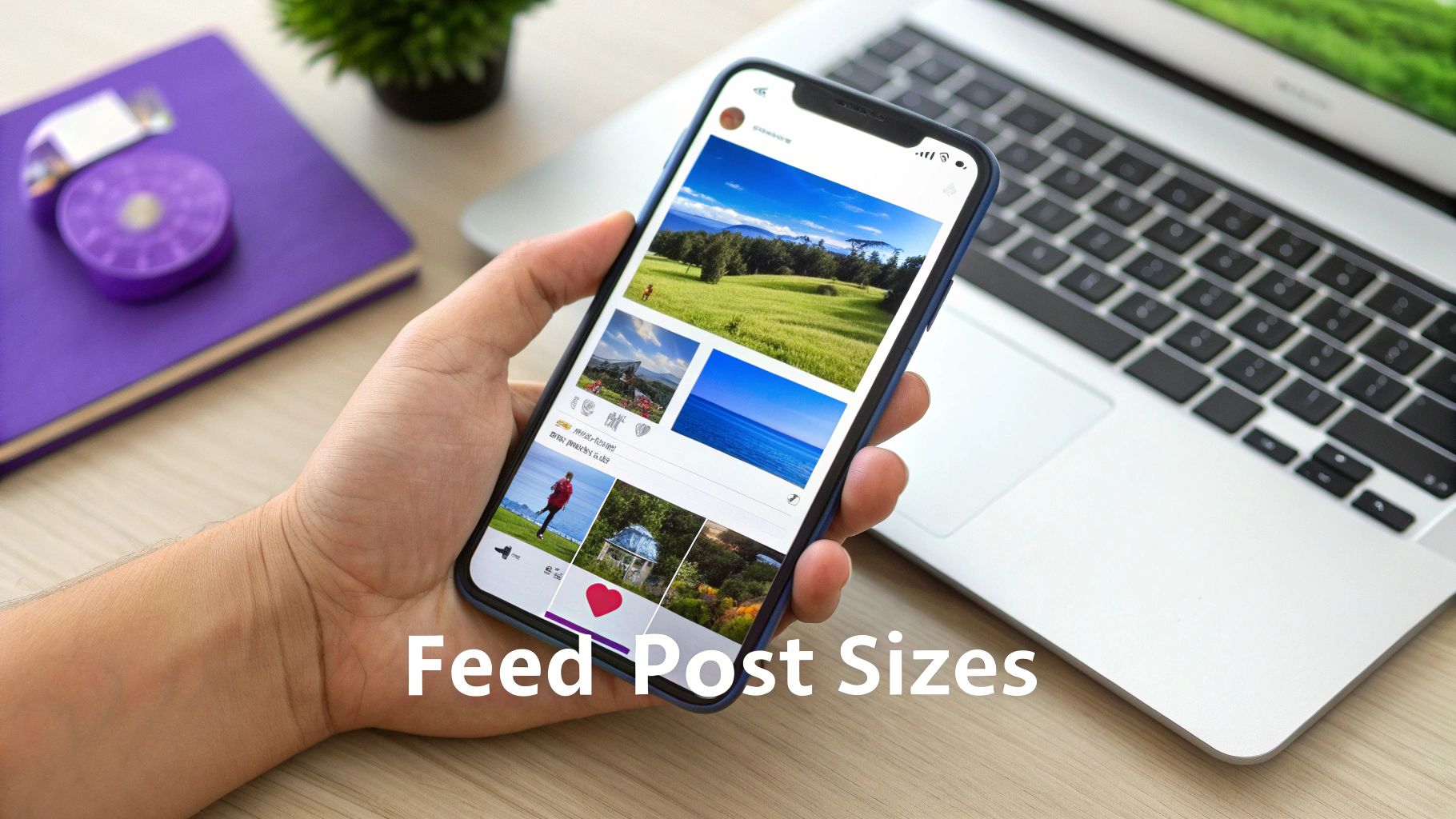 Hand holding a smartphone displaying an Instagram-like feed with various image posts on a desk.