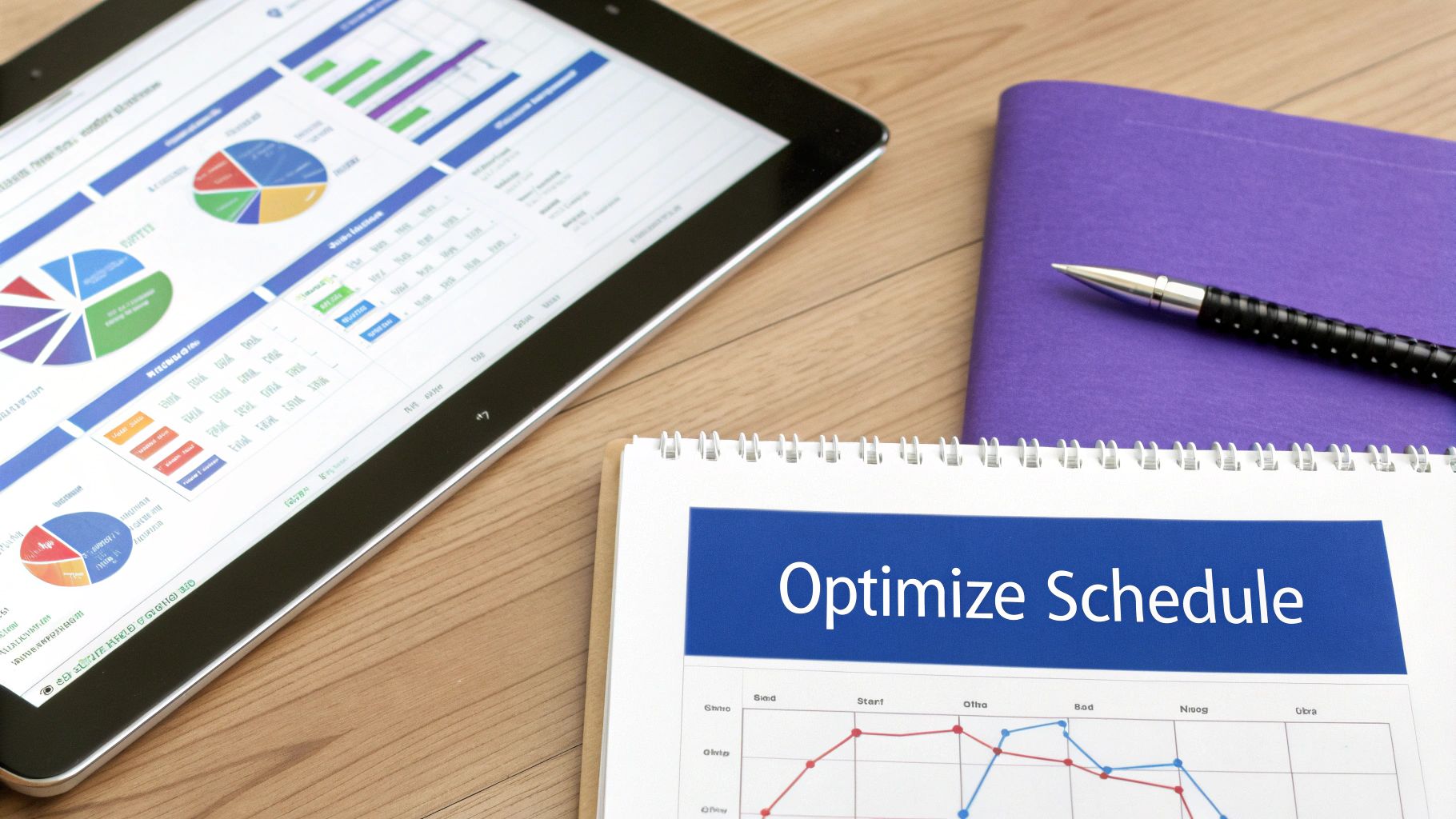 A tablet showing data analysis, a purple notebook, pen, and a planner titled 'Optimize Schedule' on a wooden desk.