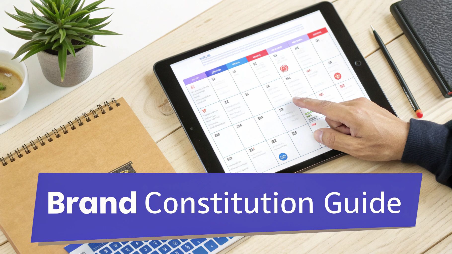 A person's hand interacts with a tablet showing a brand calendar, next to a notebook with 'Brand Constitution Guide' text.