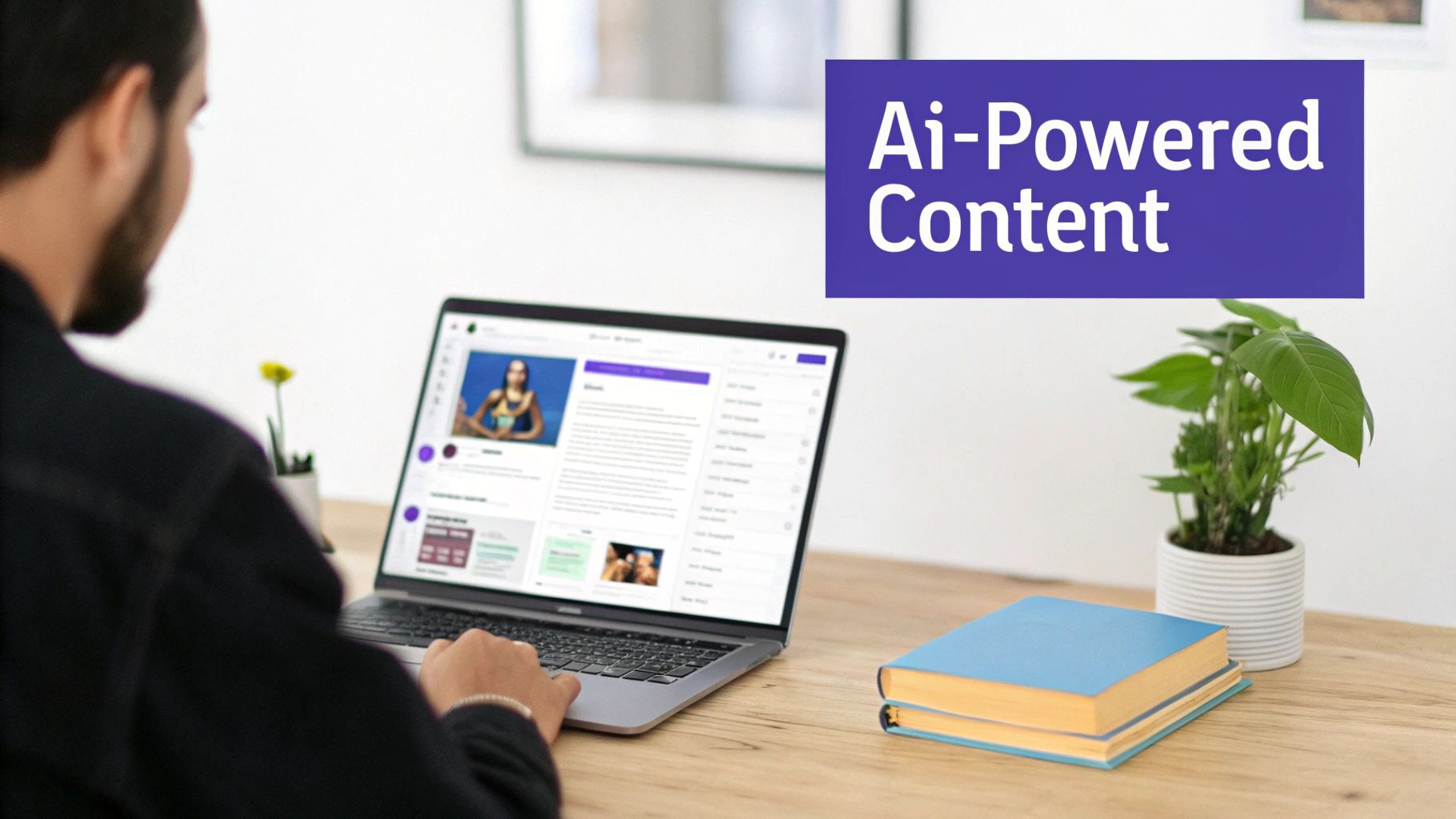 A person works on a laptop displaying AI-powered content creation software, with books and a plant on the desk.