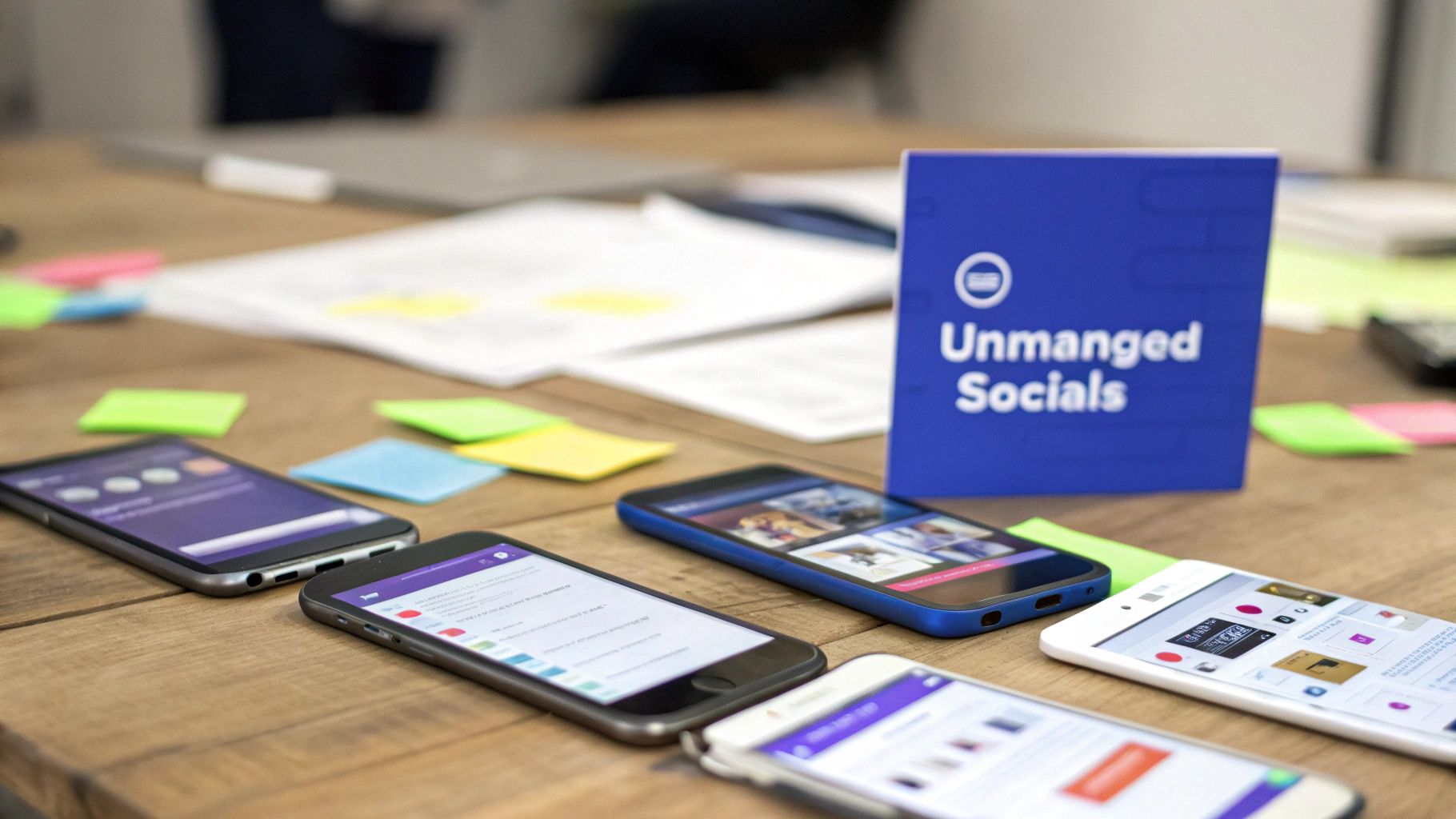 Multiple smartphones showcasing various app interfaces on a wooden table with an 'Unmanaged Socials' sign and sticky notes.
