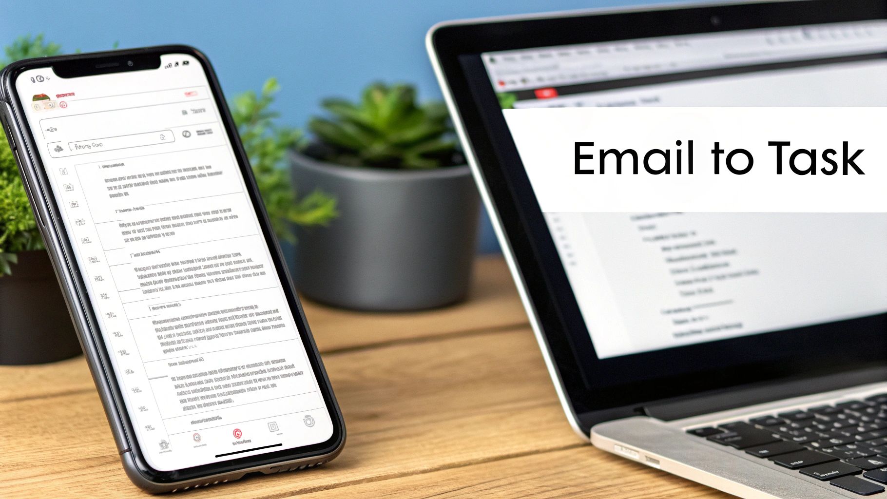 A smartphone displaying a task app and a laptop showing 'Email to Task' text on a wooden desk.