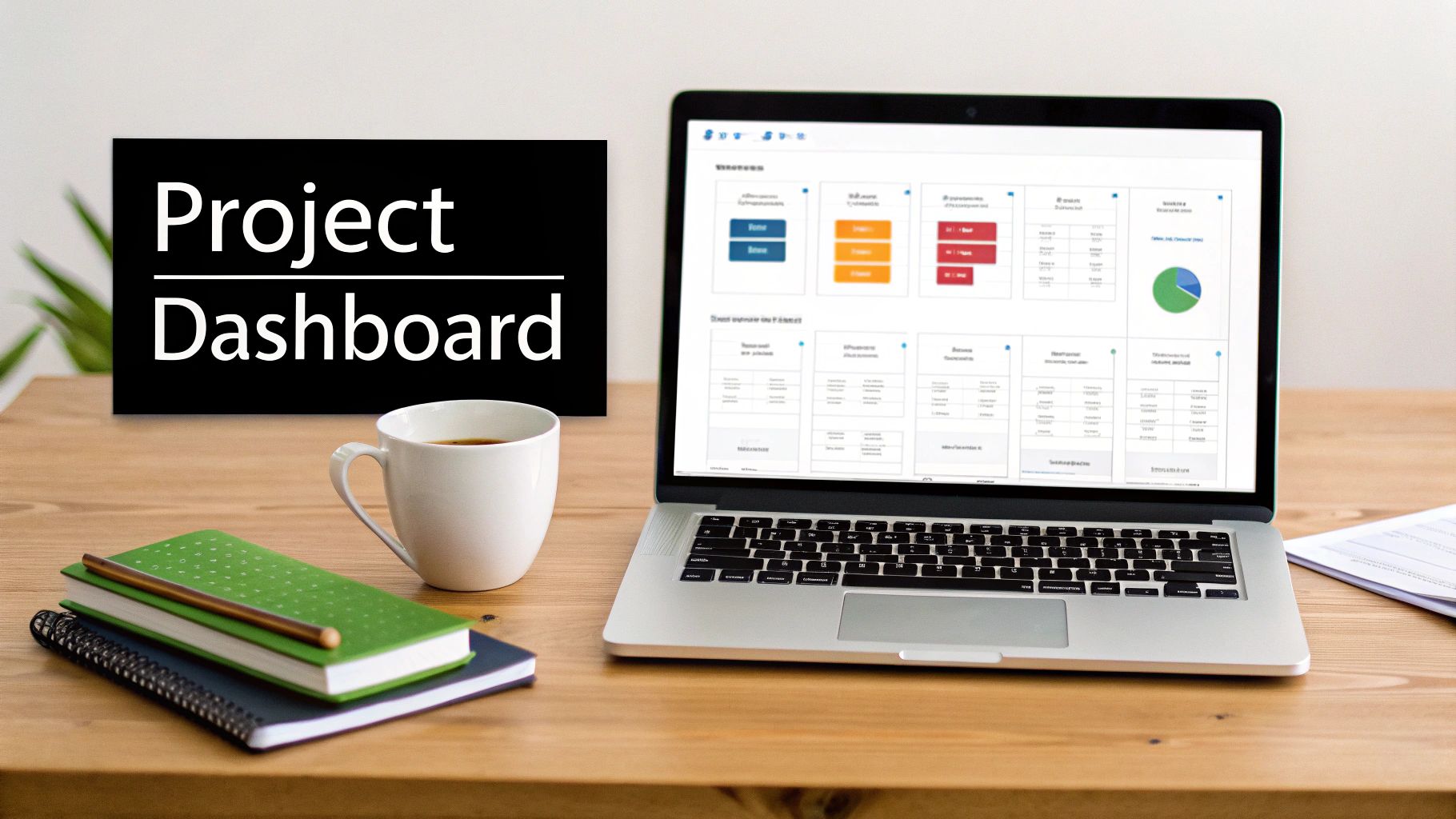 Laptop displaying a project dashboard, alongside a coffee mug, notebooks, and a pencil on a desk.