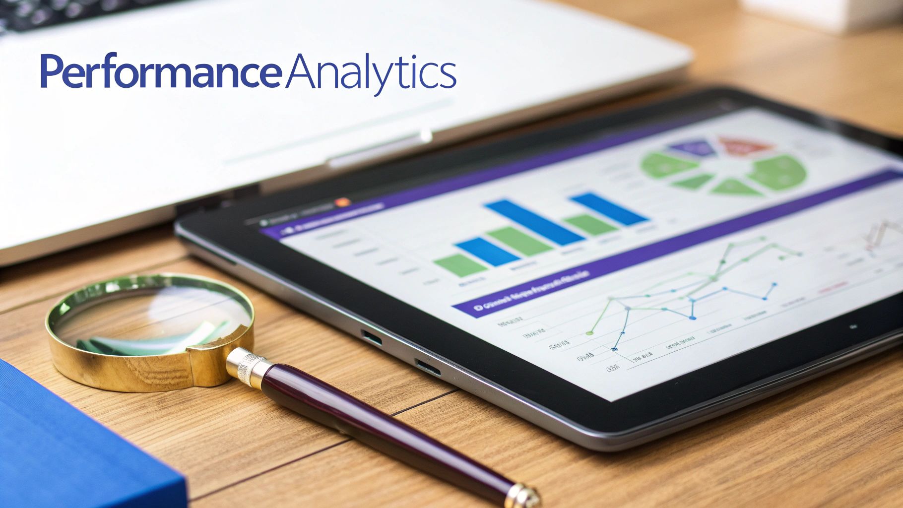 A tablet displays performance analytics charts and graphs on a desk with a laptop, magnifying glass, and pen.