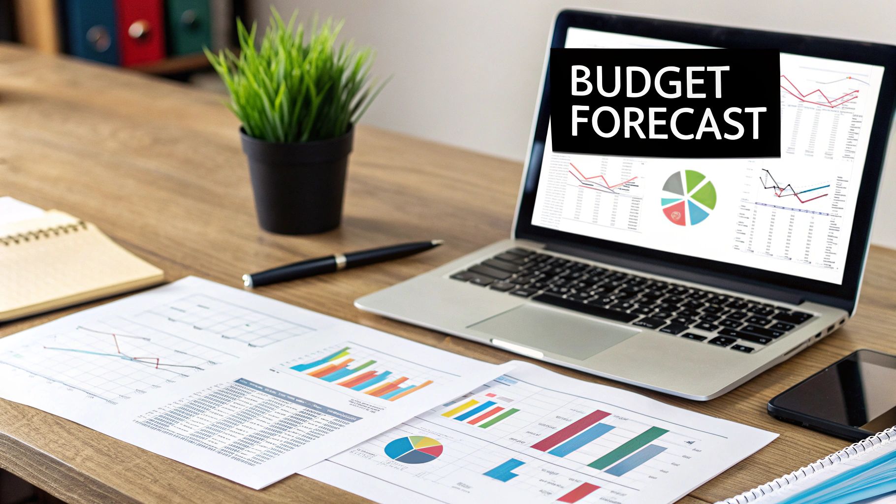 A group of professionals collaborating on a project budget, pointing at charts and financial data on a large screen.