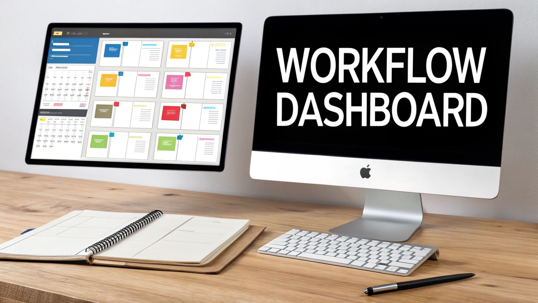 Two computer monitors on a wooden desk show a workflow dashboard, with an open notebook and pen.