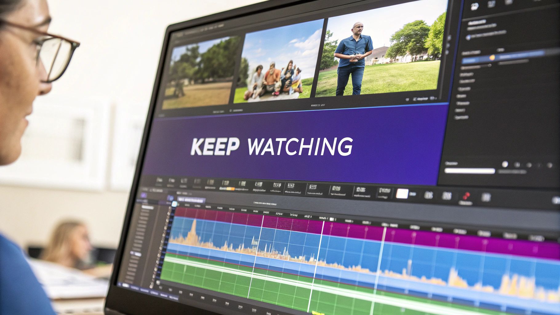 Person editing video content on a computer screen displaying 'KEEP WATCHING' and video clips.