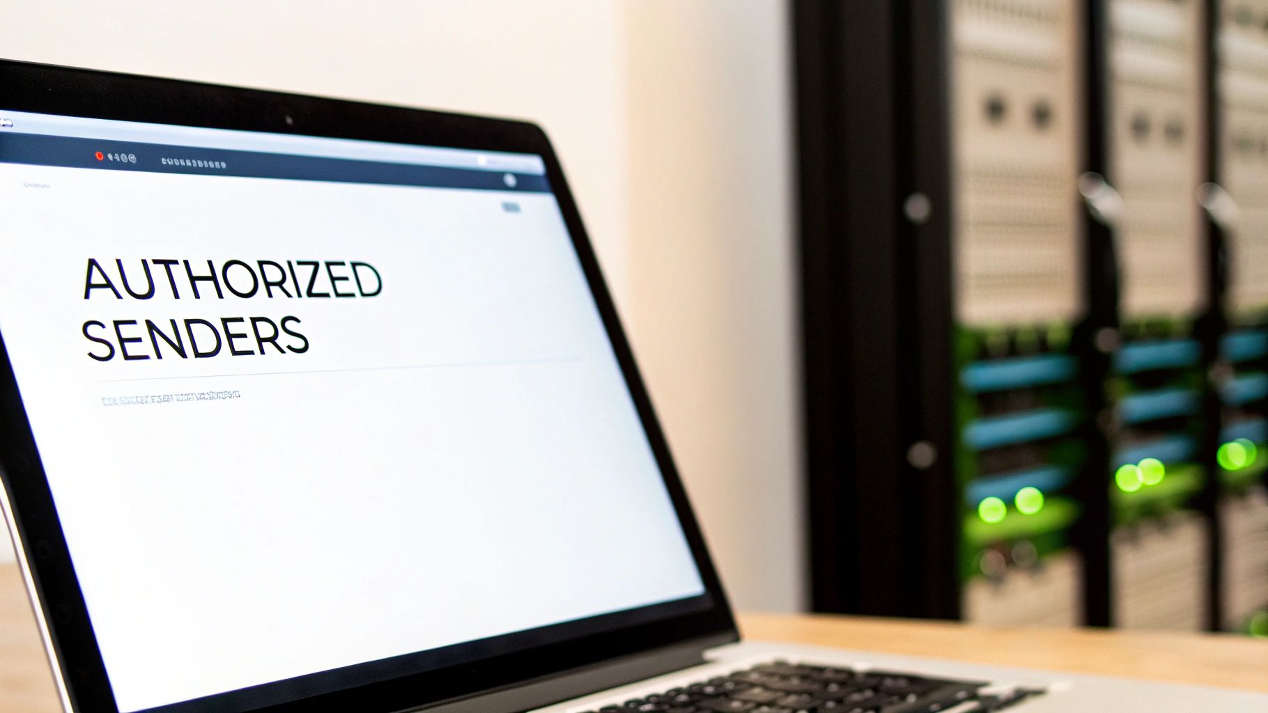 Laptop screen displaying authorized senders text with server equipment and green indicator lights in background