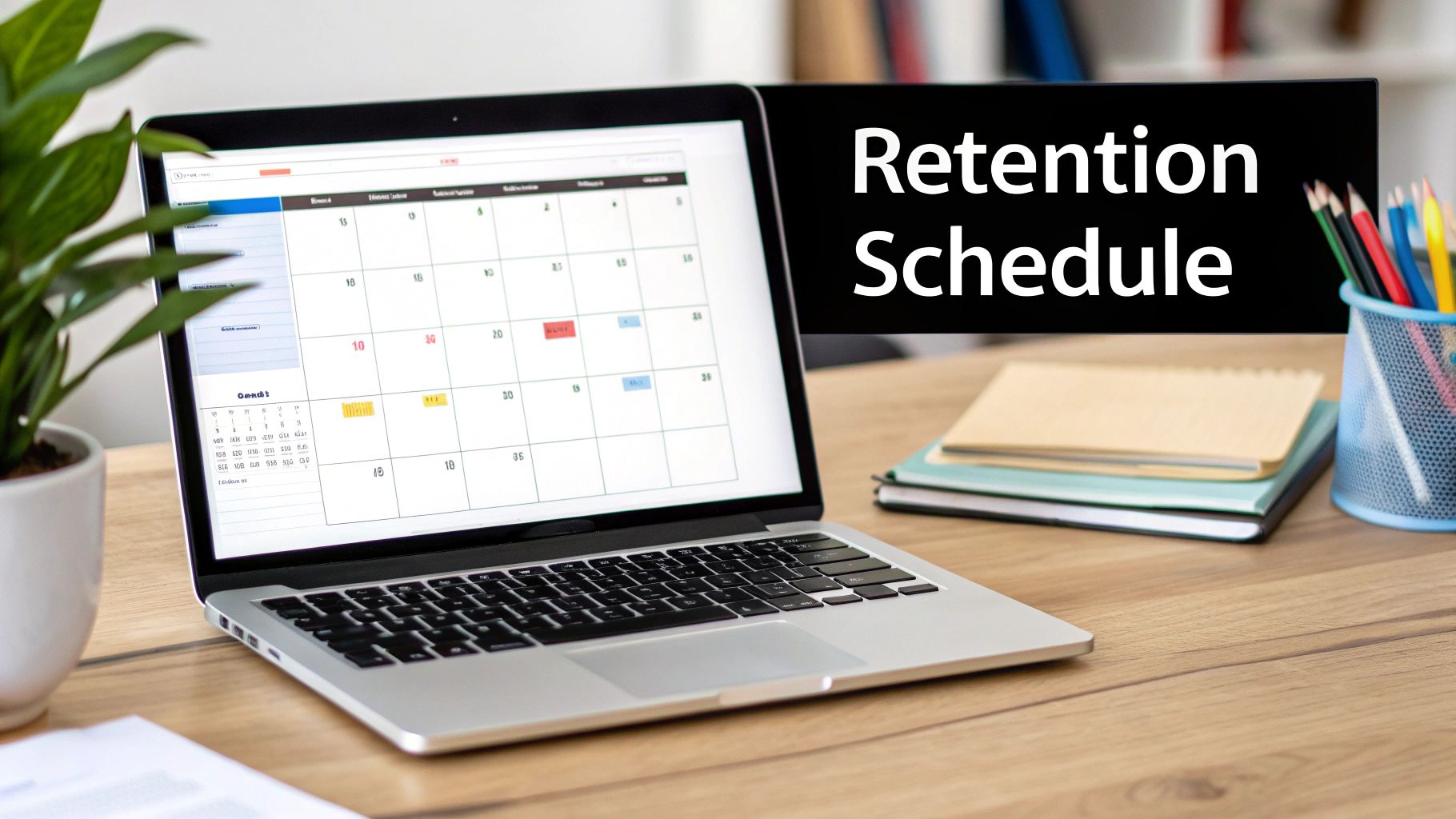 A laptop displays a calendar, alongside notebooks, pencils, and a sign saying 'Retention Schedule' on a desk.