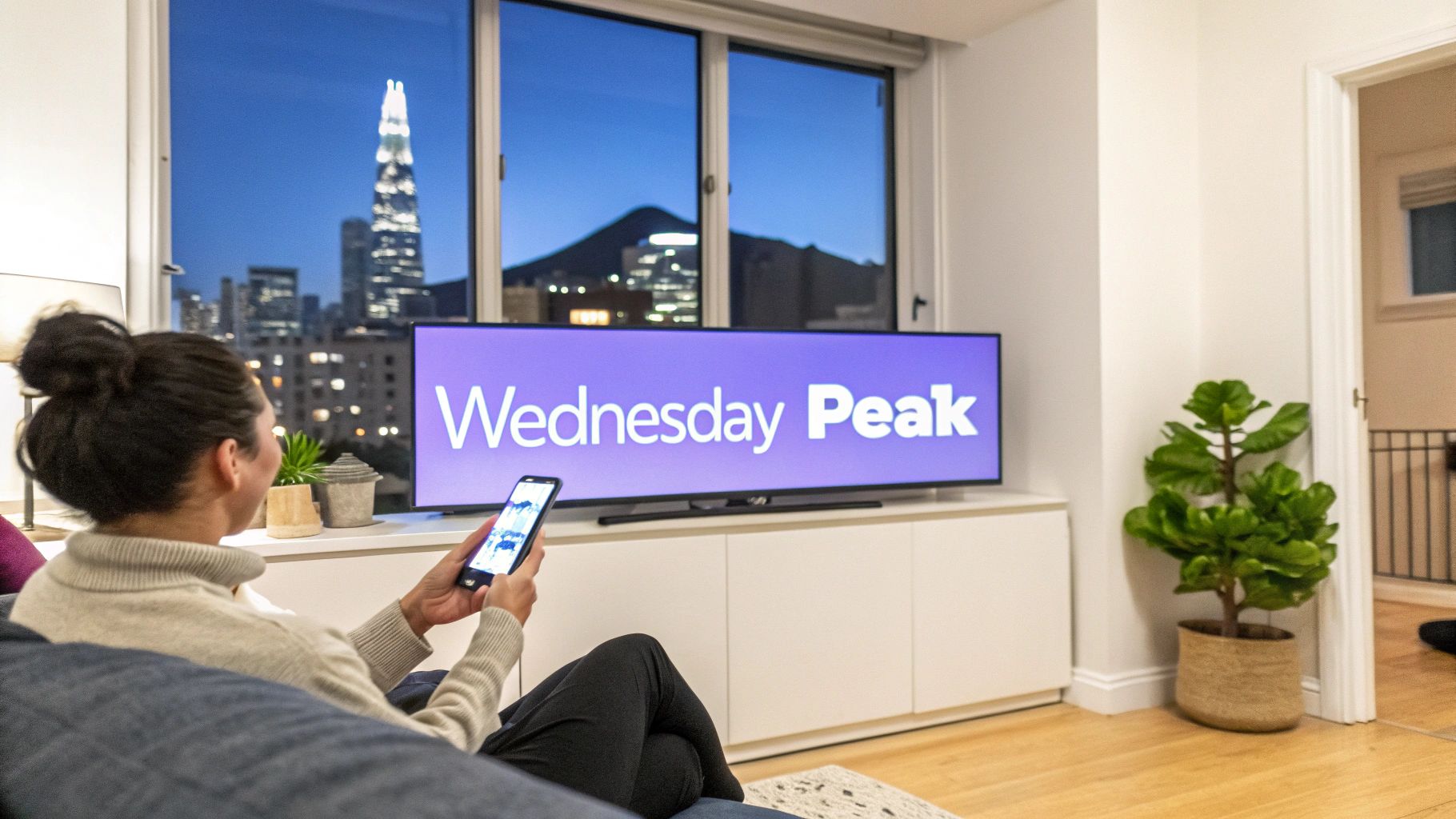 Woman on a couch, using a phone, with a TV displaying "Wednesday Peak" and a city view at night.