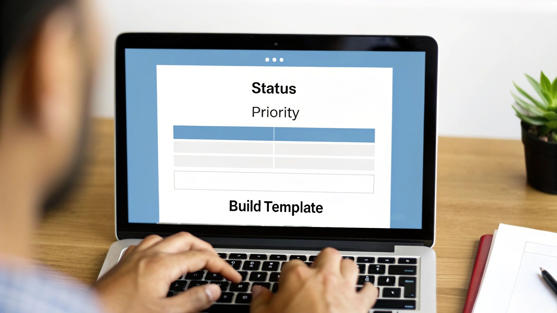 Close-up of a person typing on a laptop displaying a project status and priority template.