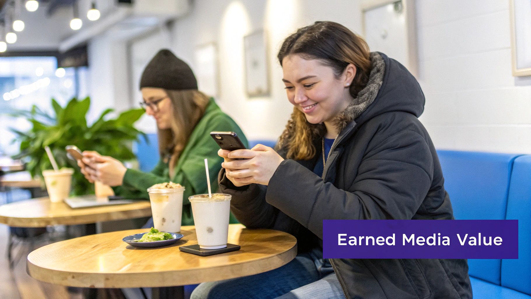 Two young women happily using their phones in a bright cafe with drinks and snacks on a wooden table.