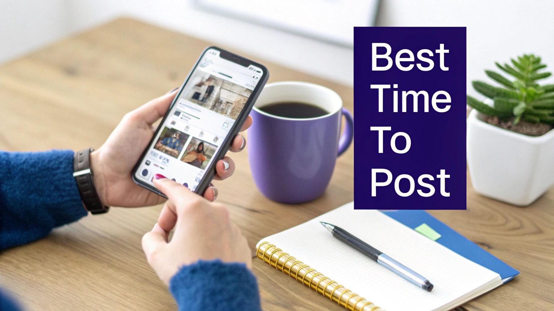 A person's hands scrolling through social media on a phone with coffee and a notebook on a wooden table, emphasizing best posting times.