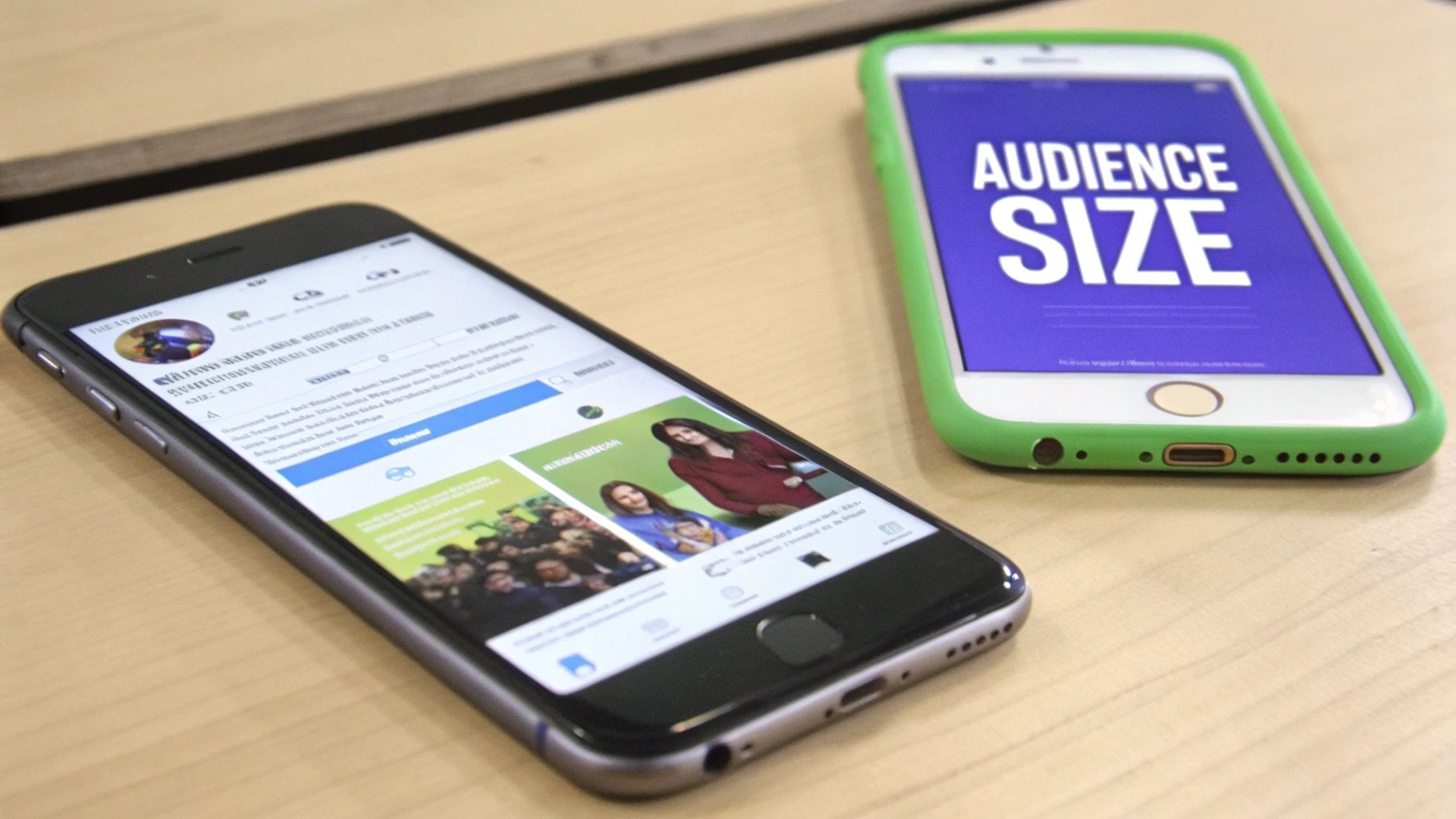 Two iPhones on a wooden desk; one displays a social media feed, the other 'AUDIENCE SIZE' in a green case.